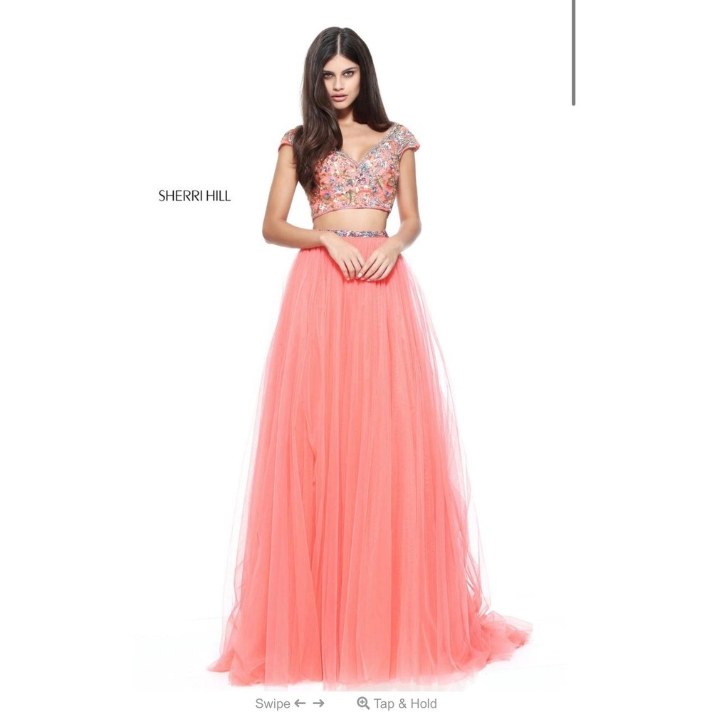 Sherri Hill Coral Pink Beaded Floral 2 Piece Prom Gown Skirt Set 4 S